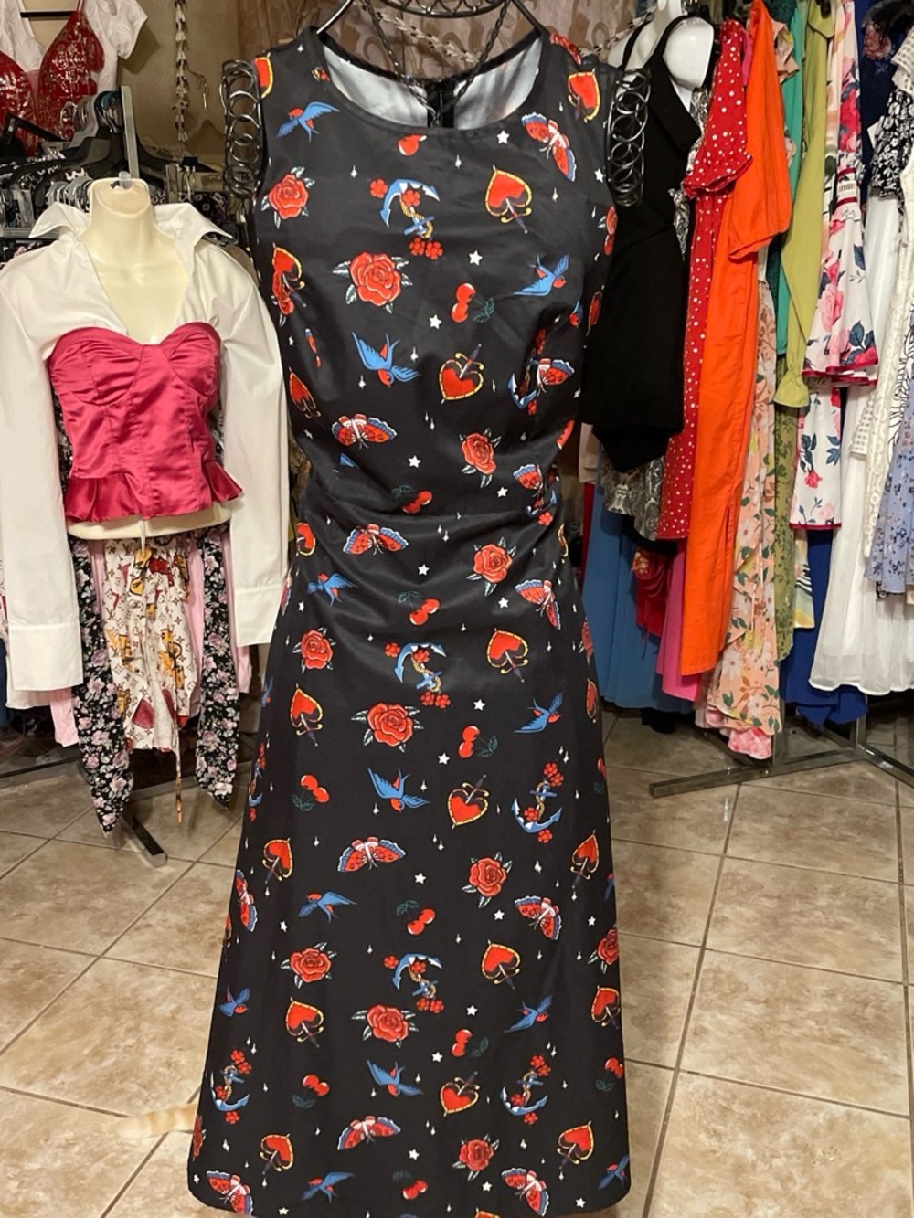 Sleeveless Black Dress with Red Rose & Heart Print